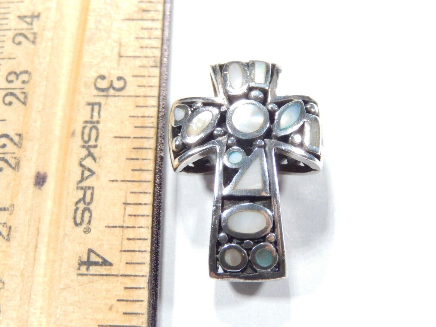 *VINTAGE*  Sterling Silver Mother of Pearl & Filigree Reversable Cross Pendant