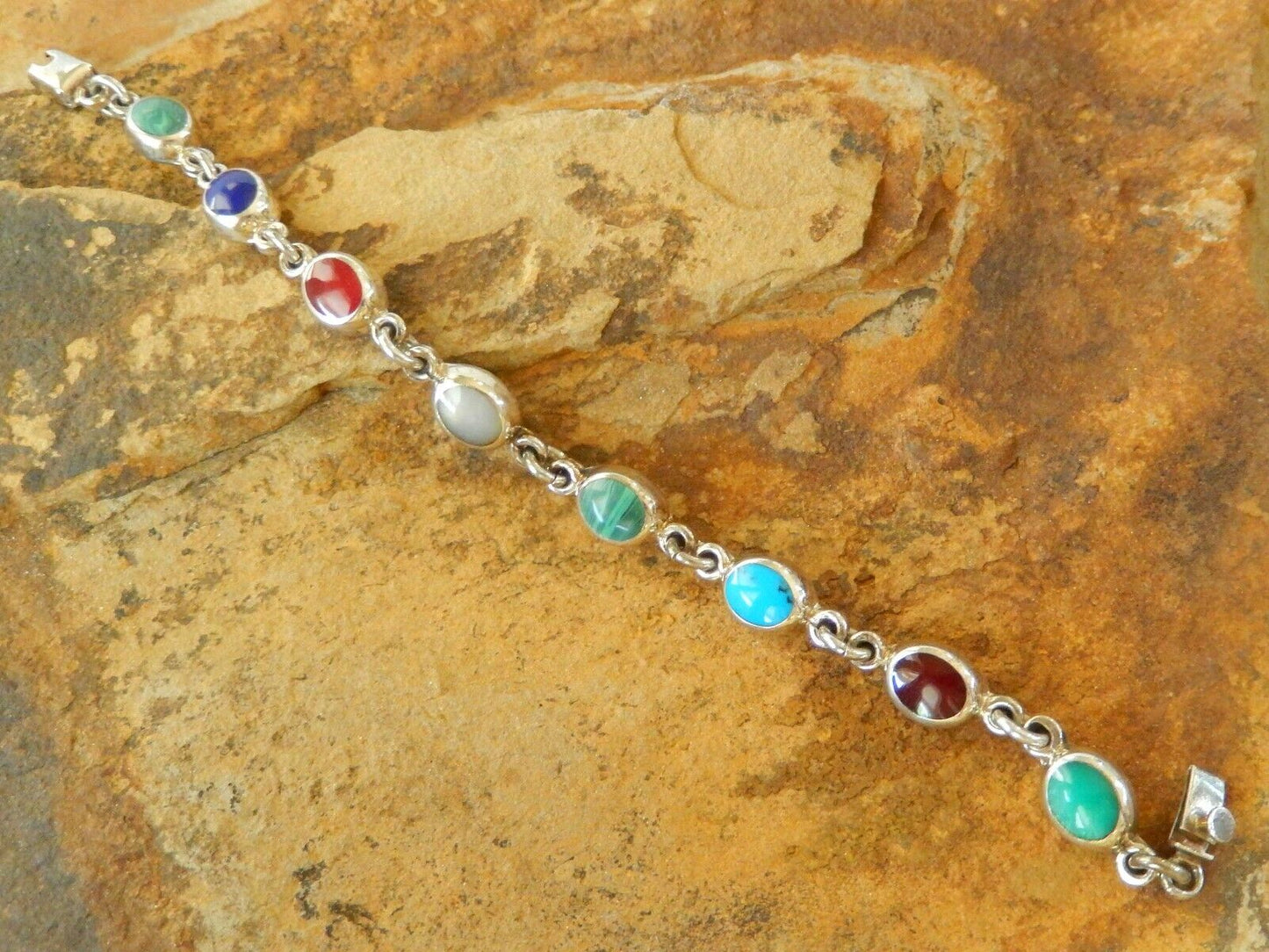 Vintage MEXICO TAXCO 925 Sterling Silver Bracelet Multi Gem Link Bracelet 7"