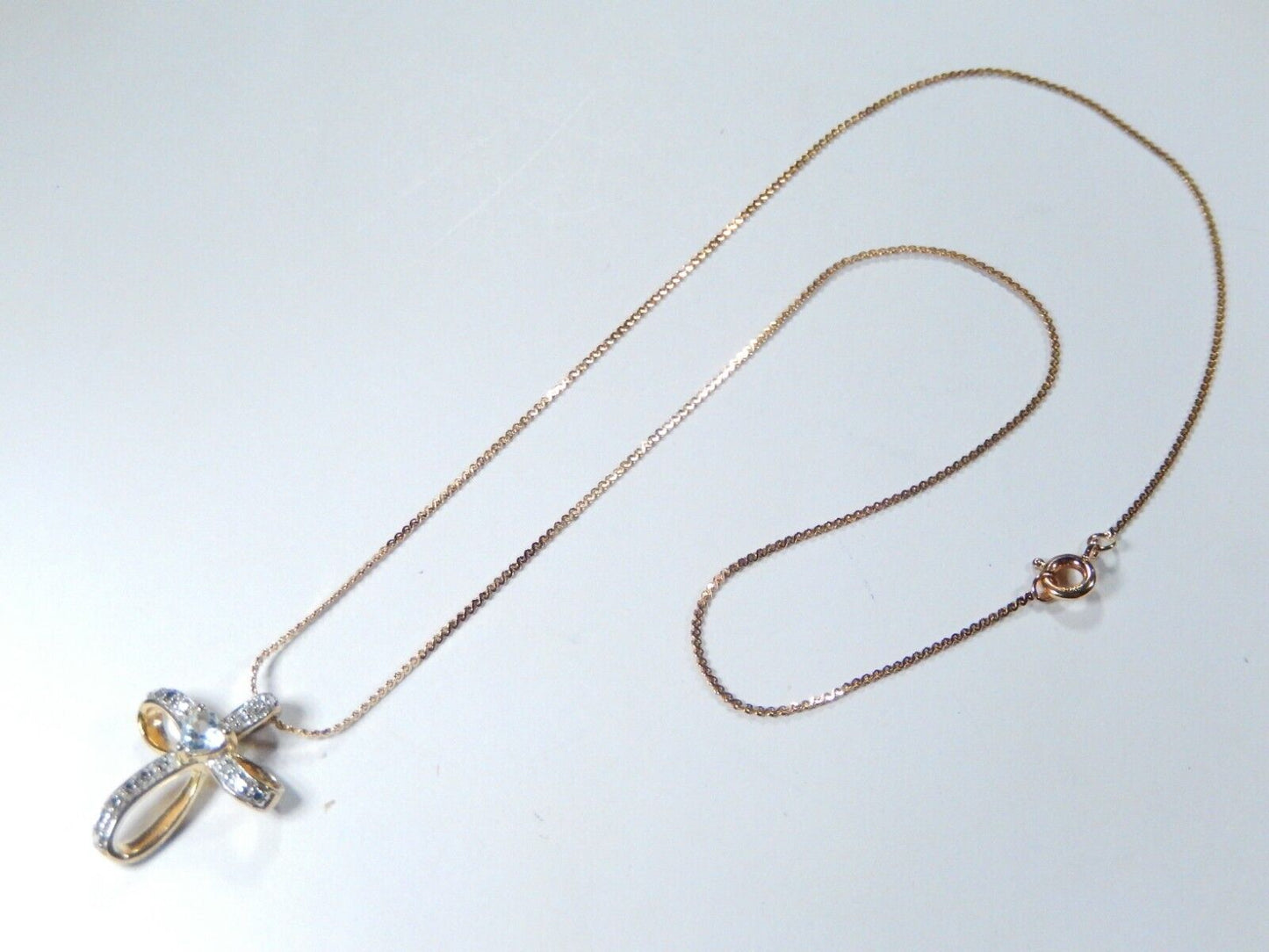 *VINTAGE* Gold Vermeil Sterling Ribbon Cross Blue Topaz Pendant w/16"chain