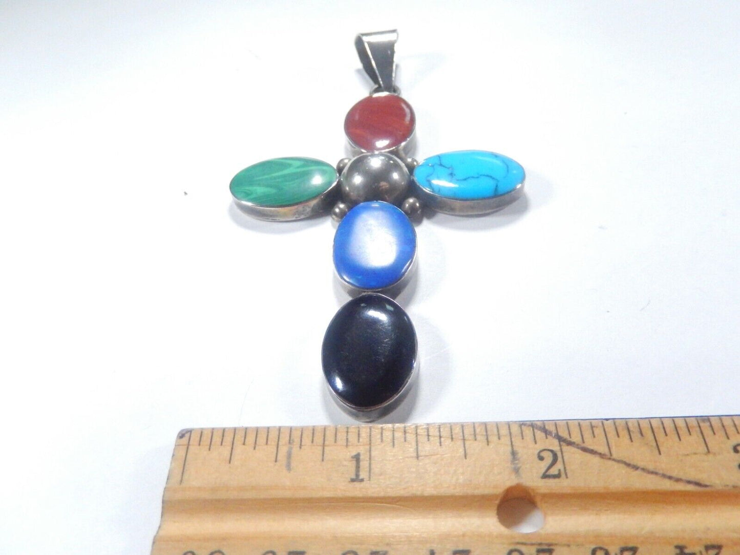 *VINBTAGE*  Large Sterling Taxco Mexico Multi Gemstone Cross Pendant 4" Tall