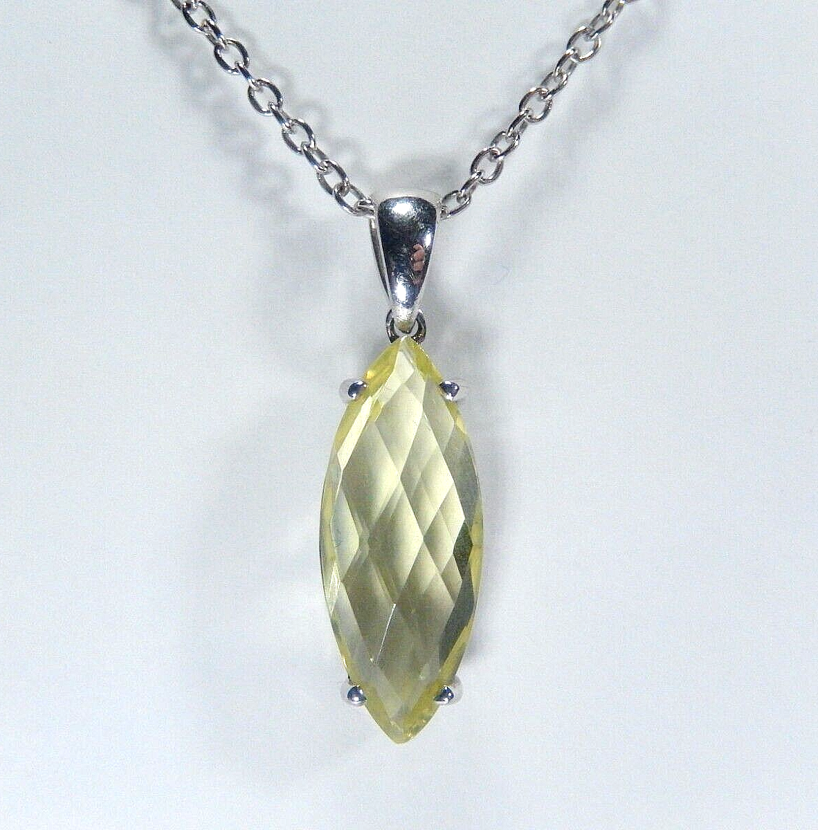 Natural Lemon Quartz Marquise Checkerboard Cut 925 Sterling Pendant w/18" chain