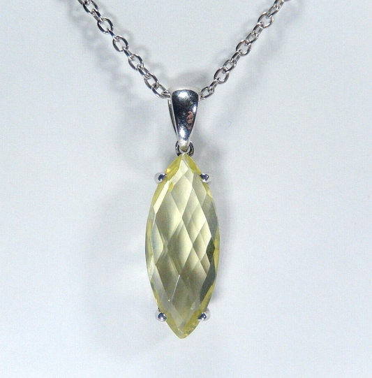 Natural Lemon Quartz Marquise Checkerboard Cut 925 Sterling Pendant w/18" chain