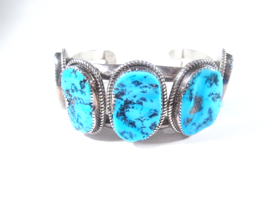 RICKY ORTIZ Navajo Sterling Silver Blue Turquoise HEAVY LARGE Cuff Bracelet