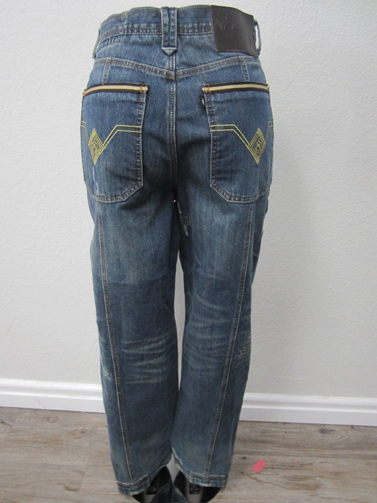 VERY NICE Eight732 Distressed Gold Stitch Embroidered Men's Jeans Size W34 x L33