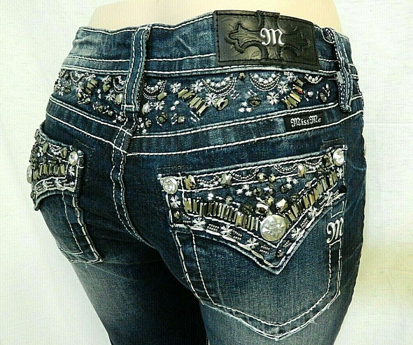 *NWT* Miss Me CUTE BLING Chloe Boot Cut Denim Dk Blue Jeans M3244B Size 26 X 34"