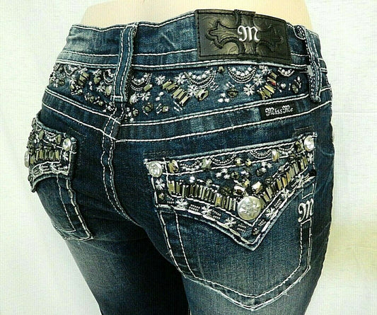 *NWT* Miss Me CUTE BLING Chloe Boot Cut Denim Dk Blue Jeans M3244B Size 26 X 34"