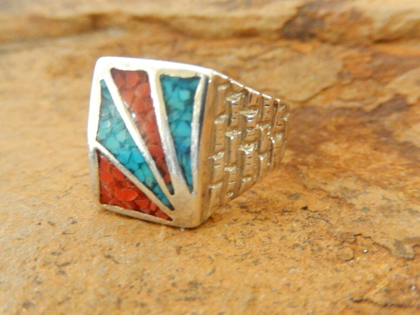 *VINTAGE*  Turquoise & Coral Sterling Silver Native Amer Signed Ring Sz 11