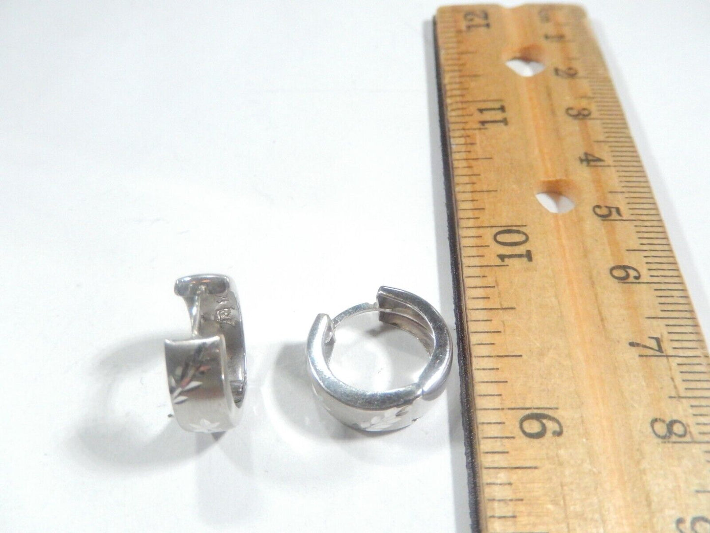 14K White Gold Huggie Earrings  6mm Wide Diamond Cut Hoops 16mm Round