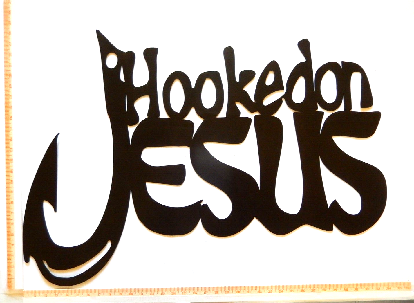 ~NEW~ EXTRA LARGE 14ga. - "HOOKED ON JESUS"   Wall Metal Sign - 34" x 24"