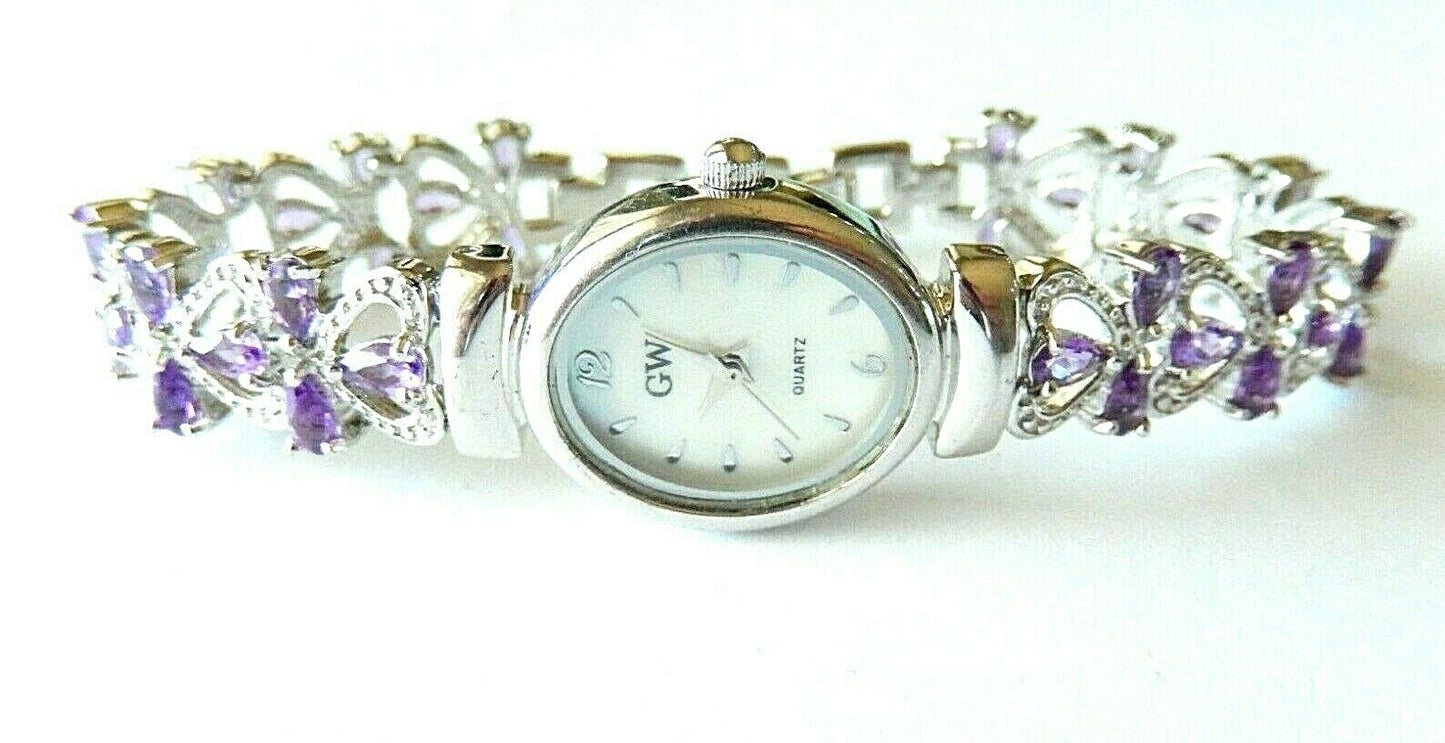 ~*GEM  WATCH*~ 4.50 CT Amethyst 7- 7.5" Sterling 925 Bracelet & Bezel  Quartz