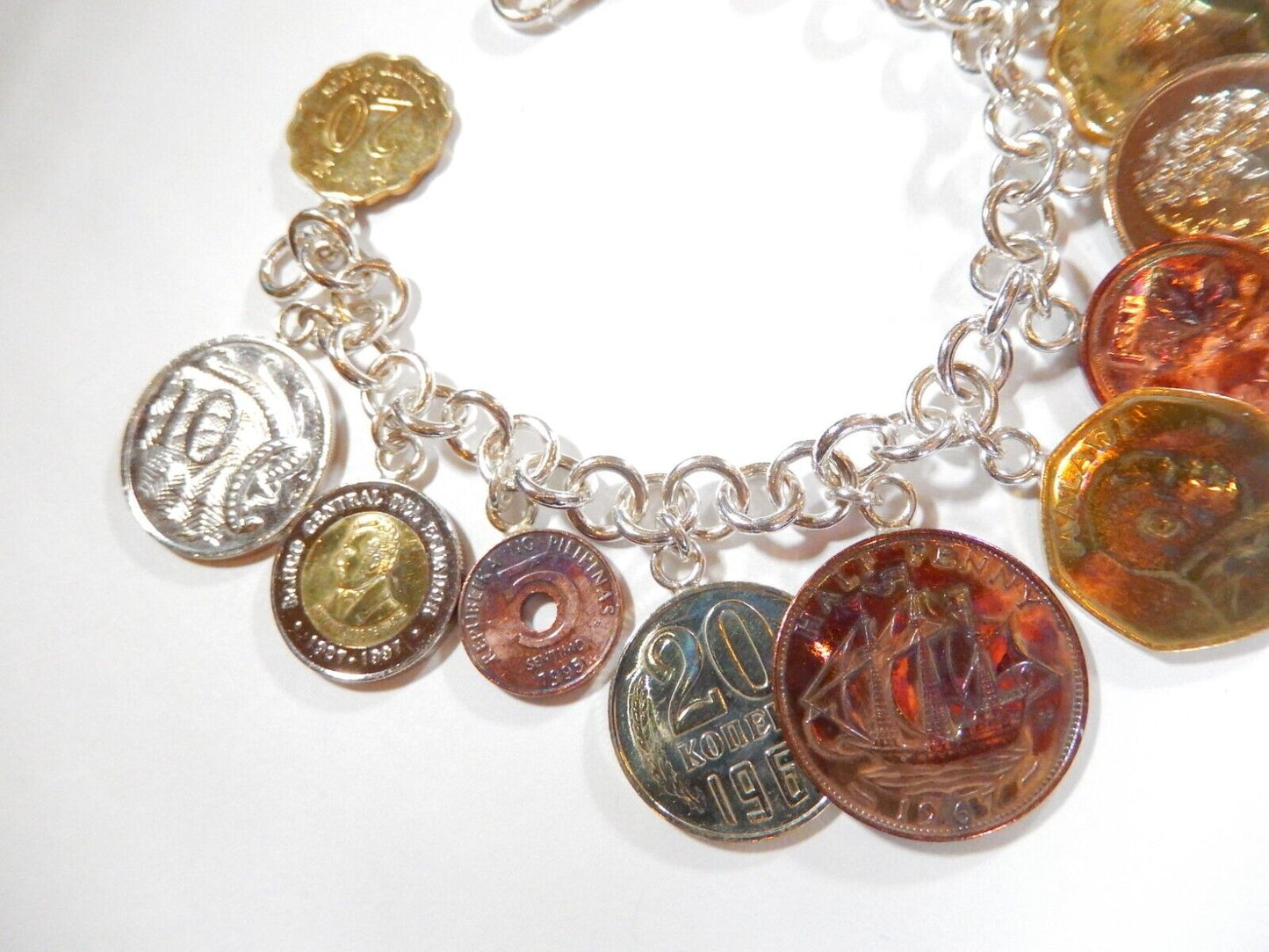 *VINTAGE*  Sterling Silver Italy International Coin Bracelet 7” Unique Piece!