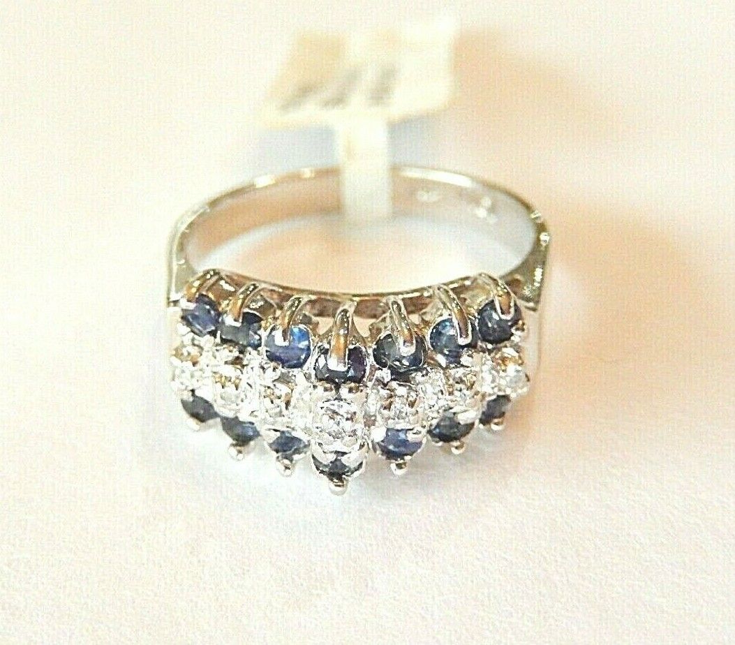 *NWT*  10K White Gold .33CT Ladies 3 Row Pyramid Sapphire & Diamond Ring Sz 6.75