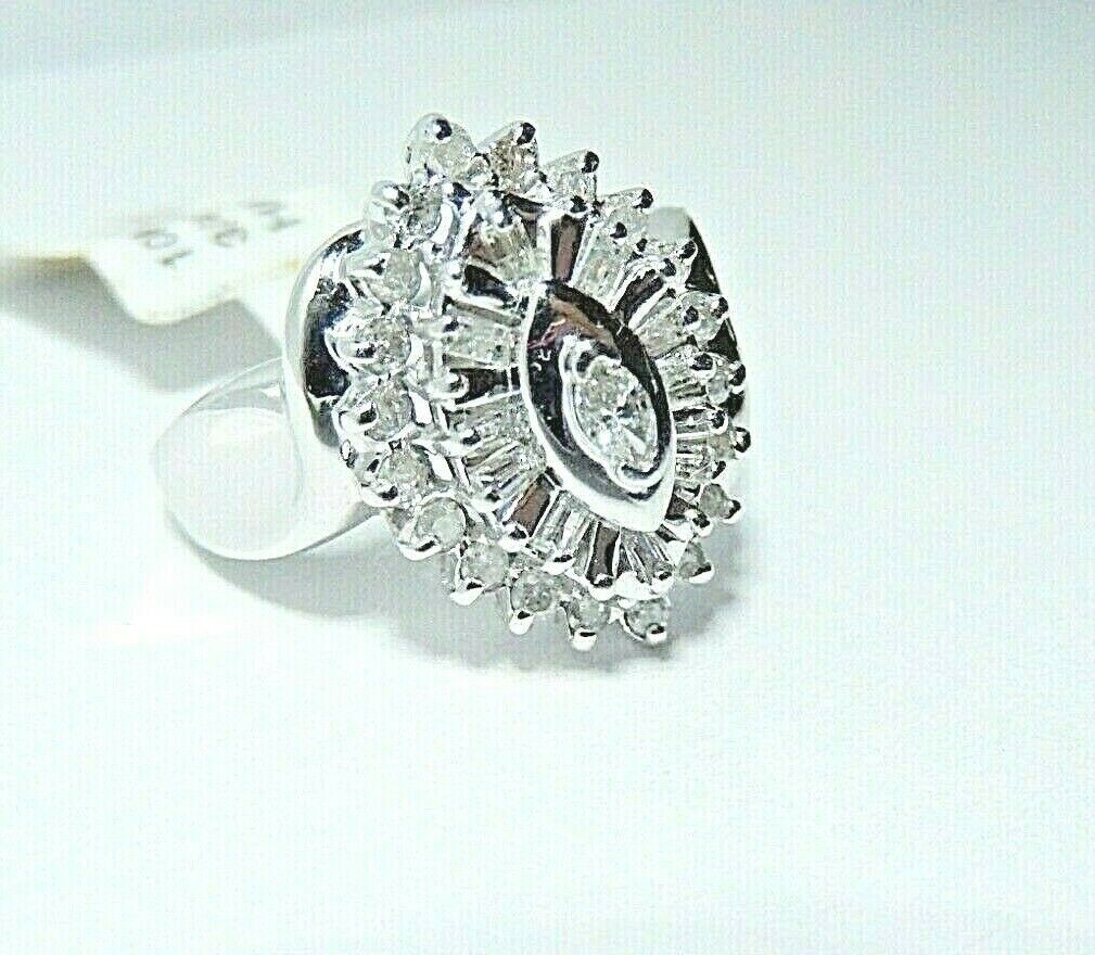 *NWT* 10K White Gold.75 CT Round & Baguette Shape Diamond Marquise Cluster Ring