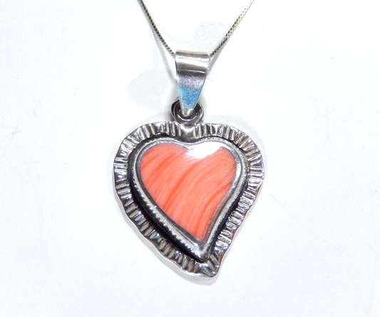 *VINTAGE* Sterling Silver CORAL HEART Pendant Handcrafted In Mexico w/ 18"Chain