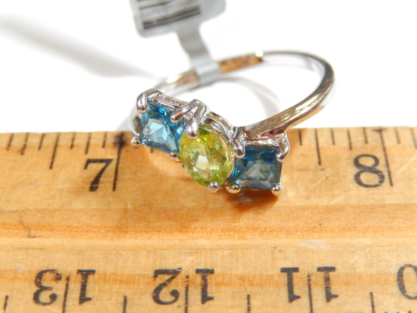 *VINTAGE*   Sterling Silver London Blue Topaz & Peridot Three Stone Ring Sz 8