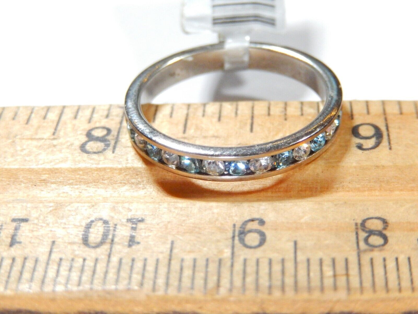 *VINTAGE*  3mm  Swiss Blue Topaz & CZ Eternity Band Ring in Sterling Silver Sz 7