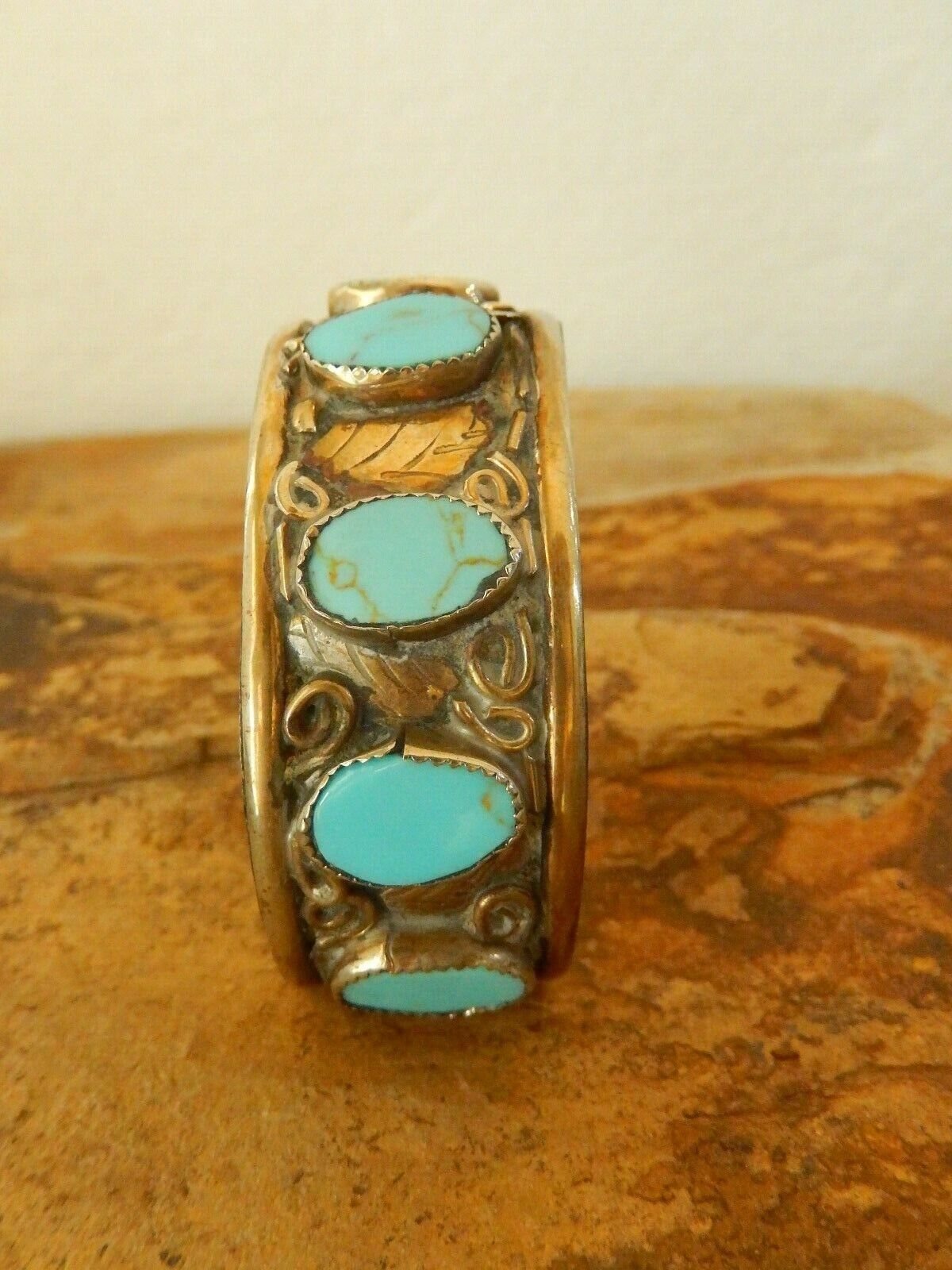 Vintage  South West Turquoise Wide Coin Silver Cuff Bangle 40.23gms