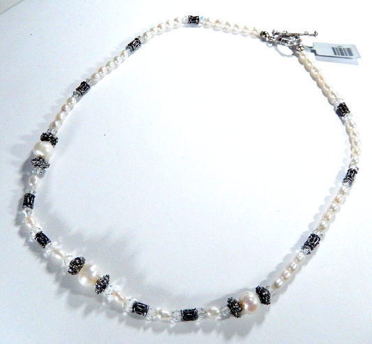 *VINTAGE* Bali Style 16" Real Pearl Necklace with  925 Sterling Silver Beads