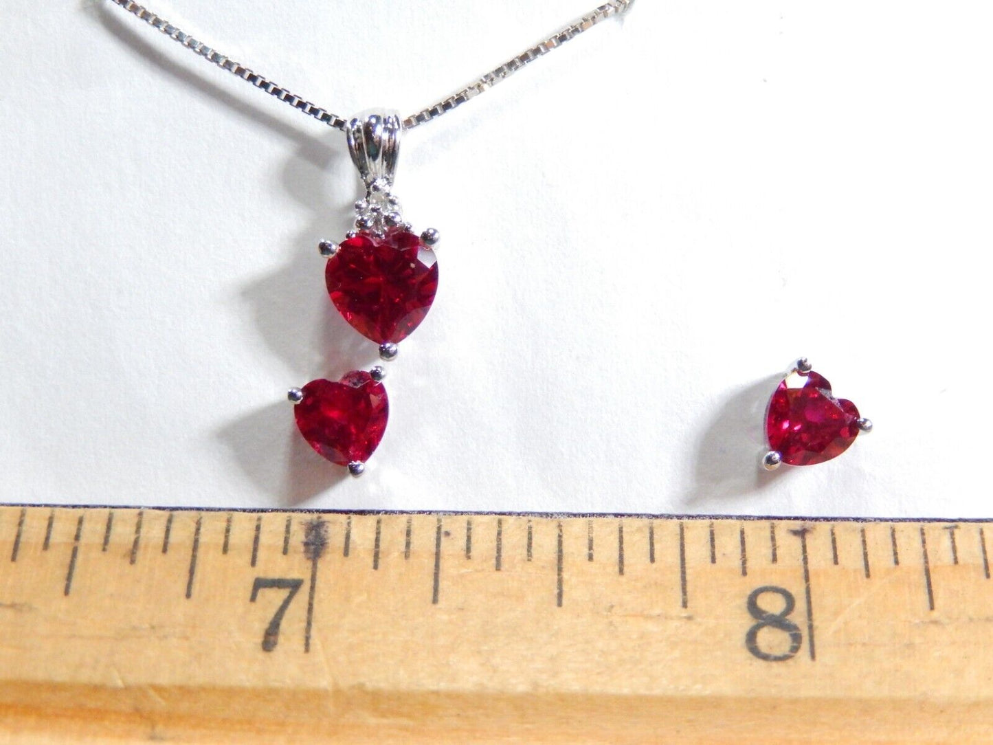 10K White Gold  Lab Created  Ruby Heart Pendant Necklace &Earring Set w/18"chain