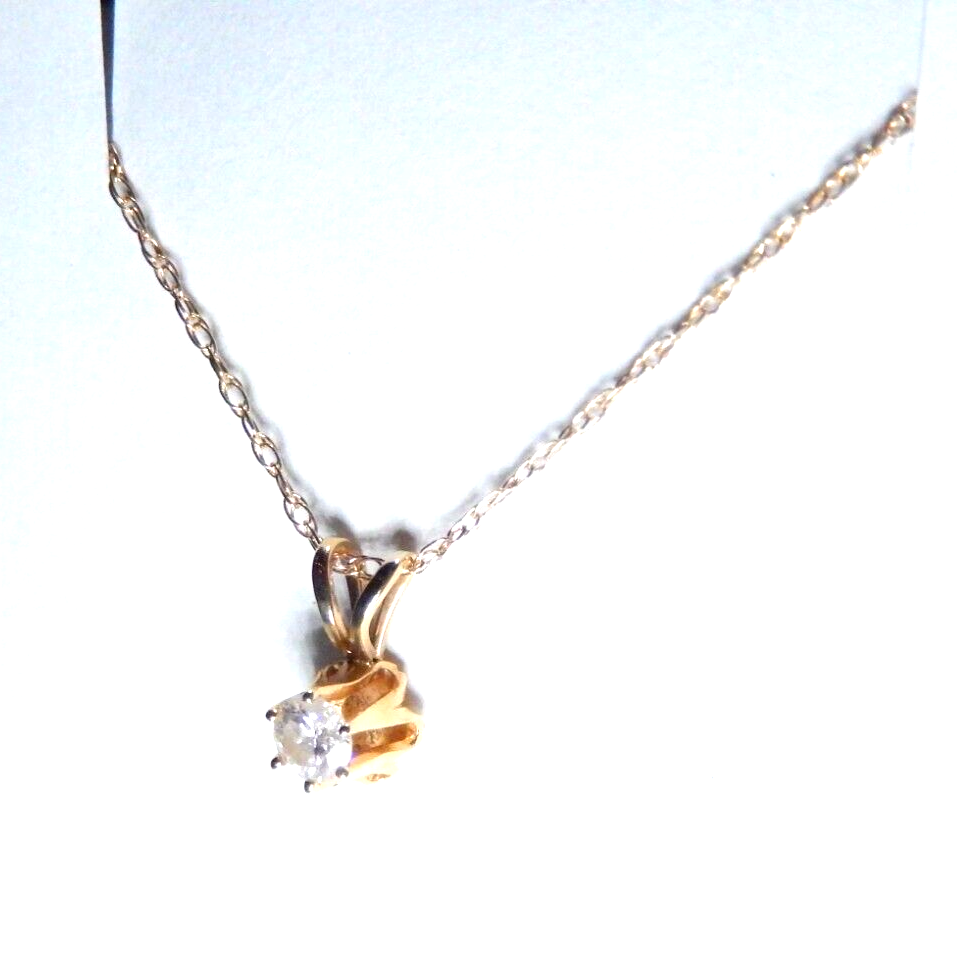 14k Yellow Gold 1/8 Ct Diamond Solitaire Buttercup Pendant 18" Necklace Chain