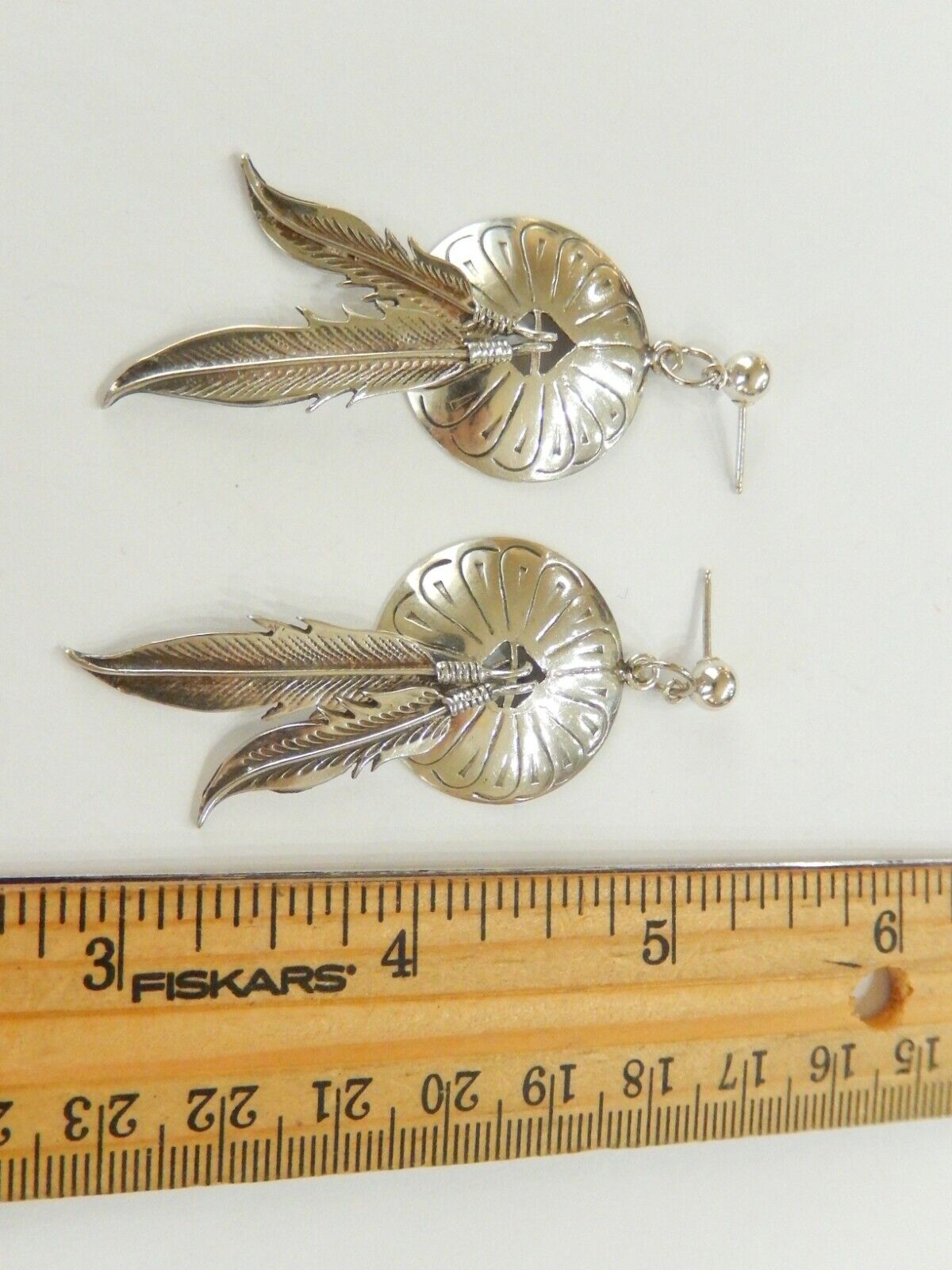 *VINTAGE* Native American Sterling  Concho Pierced Feather Dangle Earrings 2 5/8