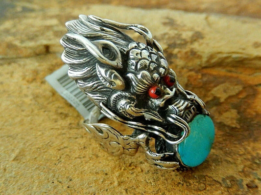 *VINTAGE* Large 1.75" Demon Devil Monster Sterling Silver Turquoise Ring Size 8
