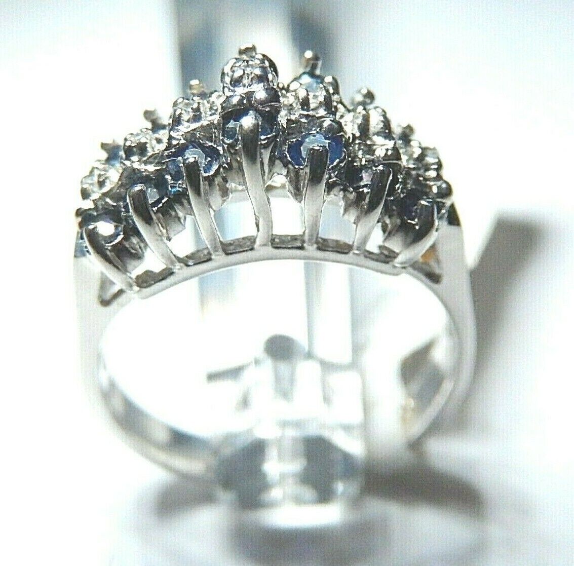 *NWT*  10K White Gold .33CT Ladies 3 Row Pyramid Sapphire & Diamond Ring Sz 6.25