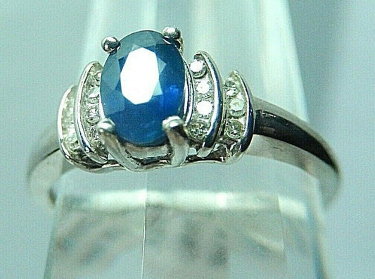 10K White Gold 1/2 ct Natural Blue Sapphire & 1/6 ct Diamond Ring Sz 7.25