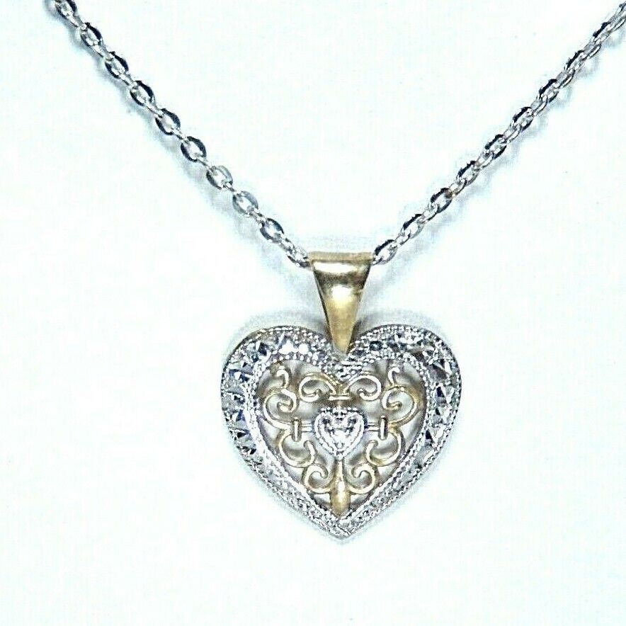 *VINTAGE*  10K Two-Tone Gold Diamond Filigree Heart Pendant w/ 18" Chain