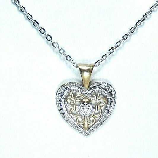 *VINTAGE*  10K Two-Tone Gold Diamond Filigree Heart Pendant w/ 18" Chain