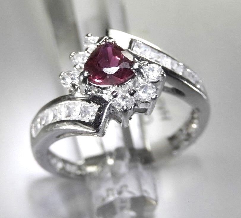 Royal Red Ruby & Simulated Diamond 10K Solid White Gold  Bypass Ring Sz 7.5