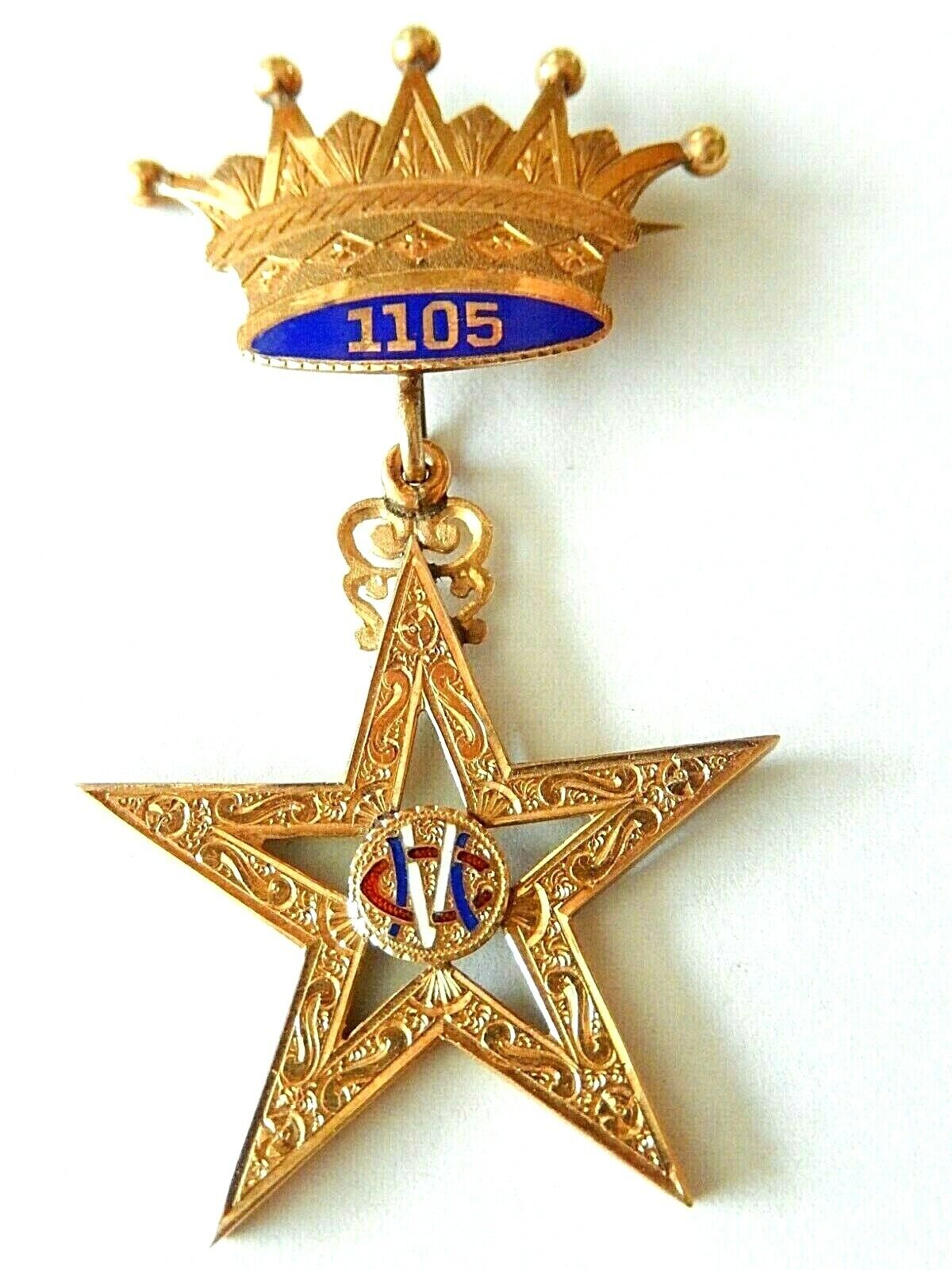 *RARE*  ANTIQUE  1905 14K MASONIC MEDAL PIN BADGE 1105 CROWN  WITH MASONIC  STAR