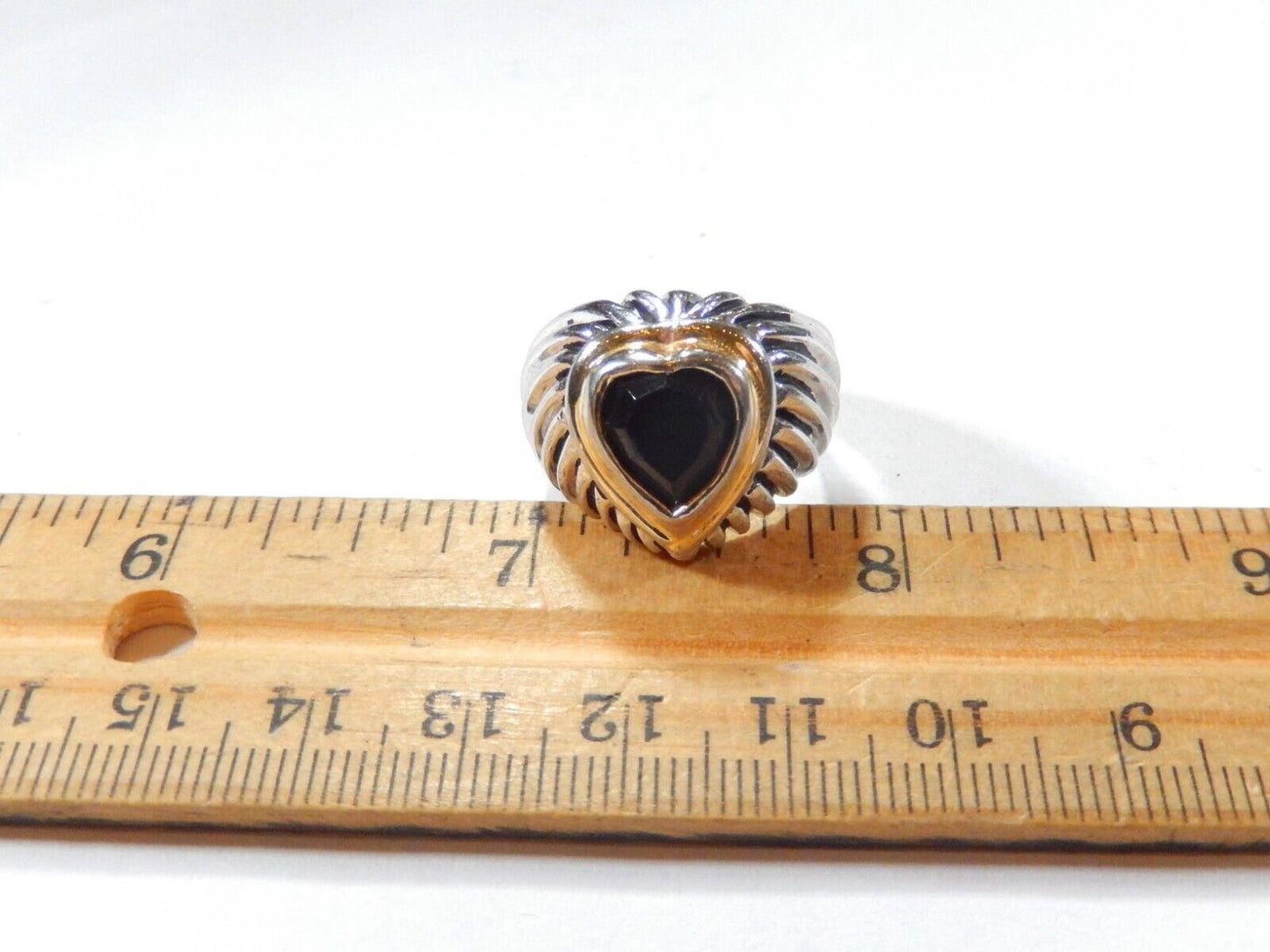 *VINTAGE*  Designer Style  Heart Shape Silver & Gold Tone Black Stone Ring Sz 8