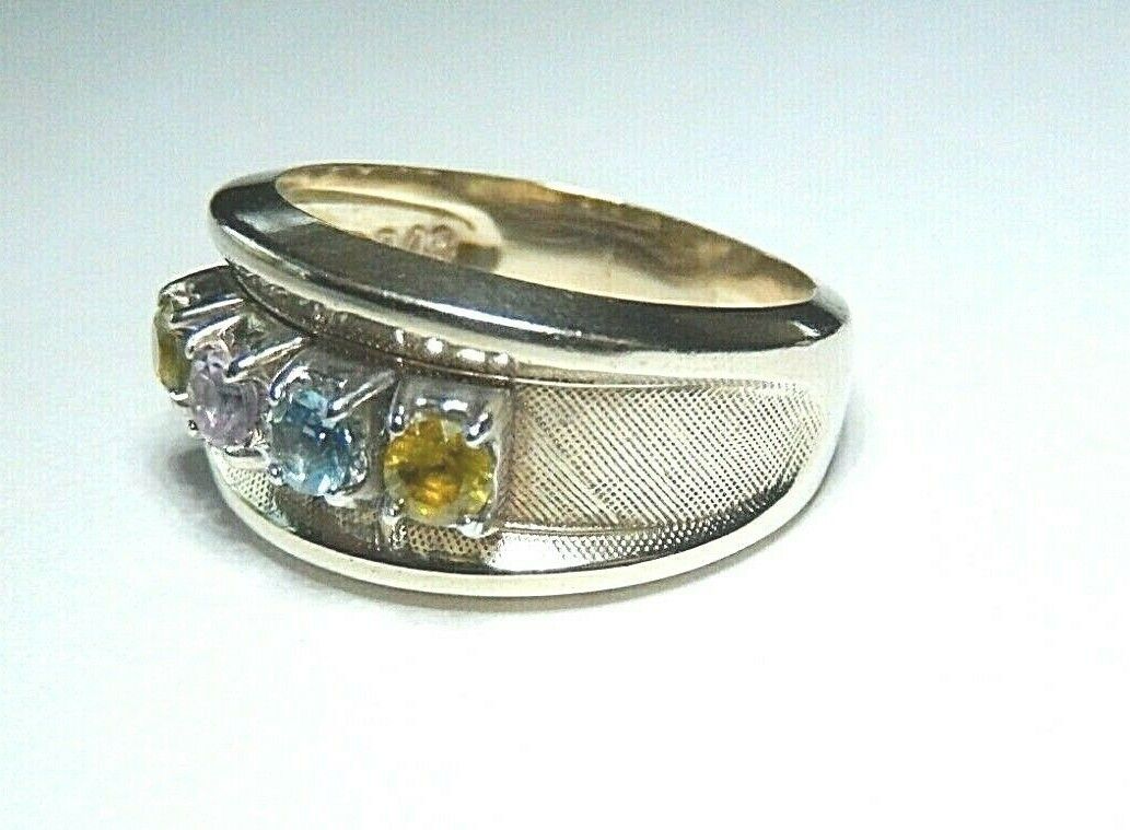 *VINTAGE* 10k Yellow Gold Four Gem Stone 10mm Wide Ring Band Size 6.75