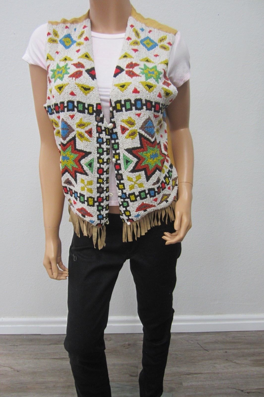 RARE *Vintage* Other Destination Southwest Beaded Silk Leather Vest Women's Sz L