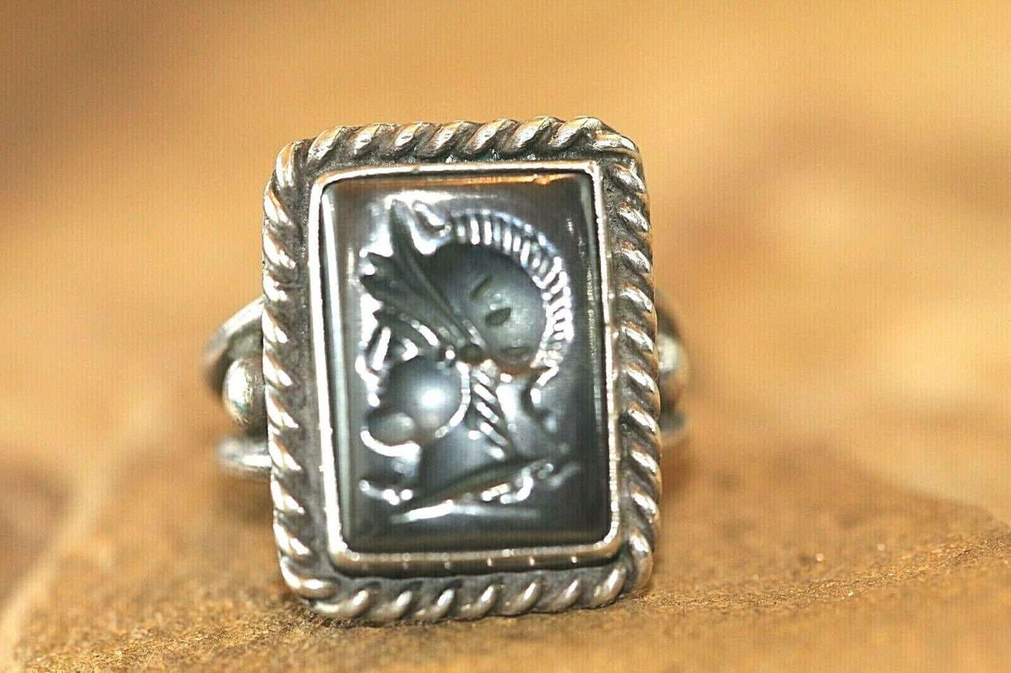 *VINTAGE*  Sterling Silver Roman Cameo Soldier Spartan Gladiator Head Ring Sz 9