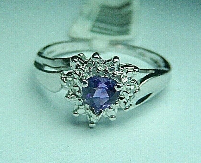 10K White Gold Heart Shape Amethyst & Diamonds Halo Ring Sz 6.5