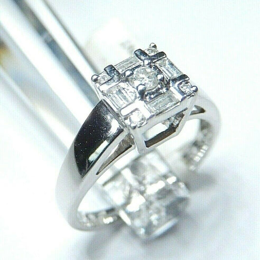 *VINTAGE* 14K White Gold .33CT Round & Baguette Diamond Engagement Wedding Ring