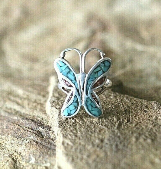 *VINTAGE*  925 STERLING SILVER Mosaic Turquoise Coral BUTTERFLY RING Size 6