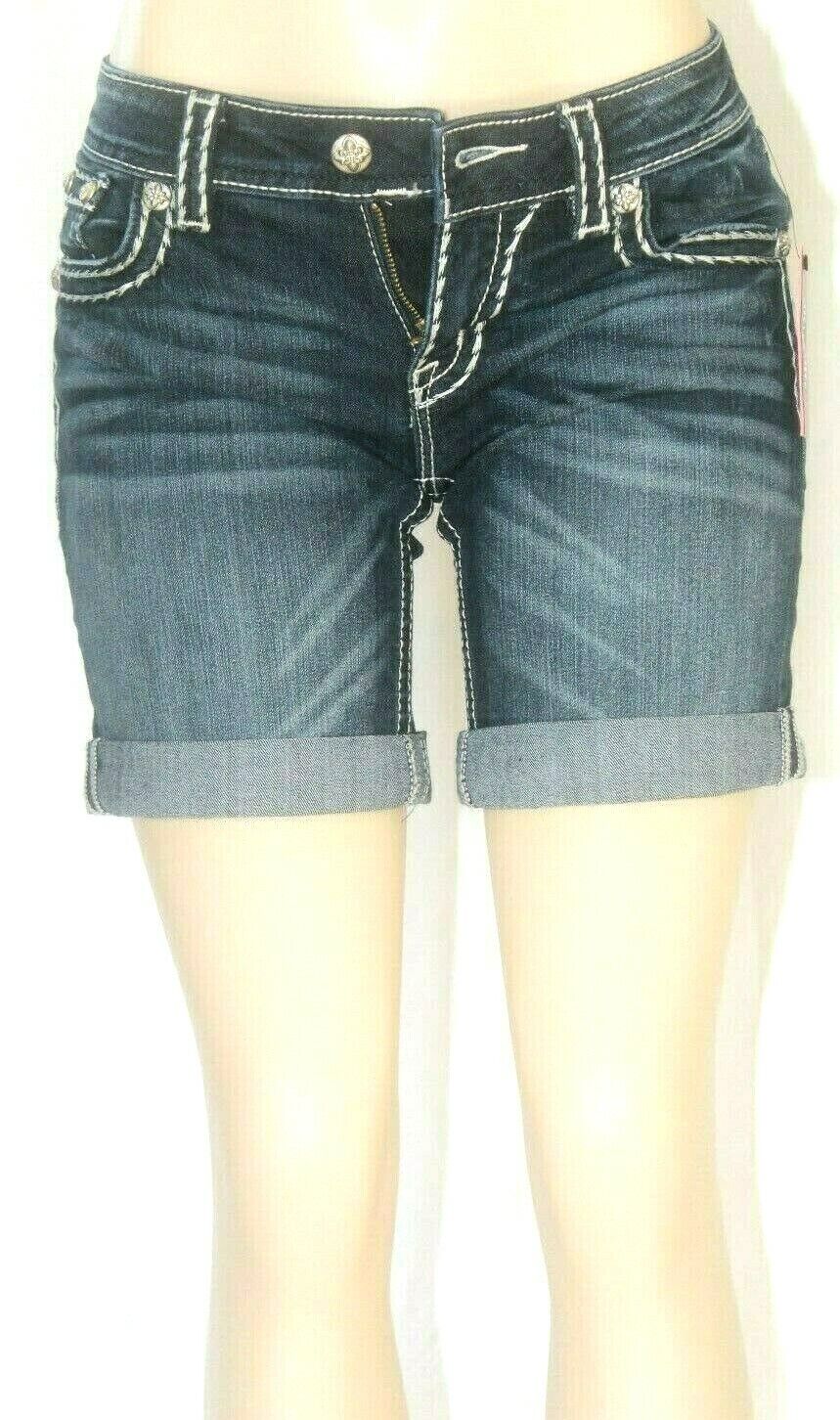 NWT*Miss Me Women's Thick Stitched Mid Rise Dark Wash Mid Thigh Shorts JY5014D58