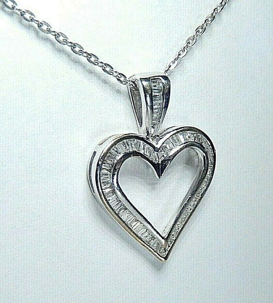 *NWT*  10k White Gold .66CT VS Baguette Diamond Open Heart Pendant w/18" Chain