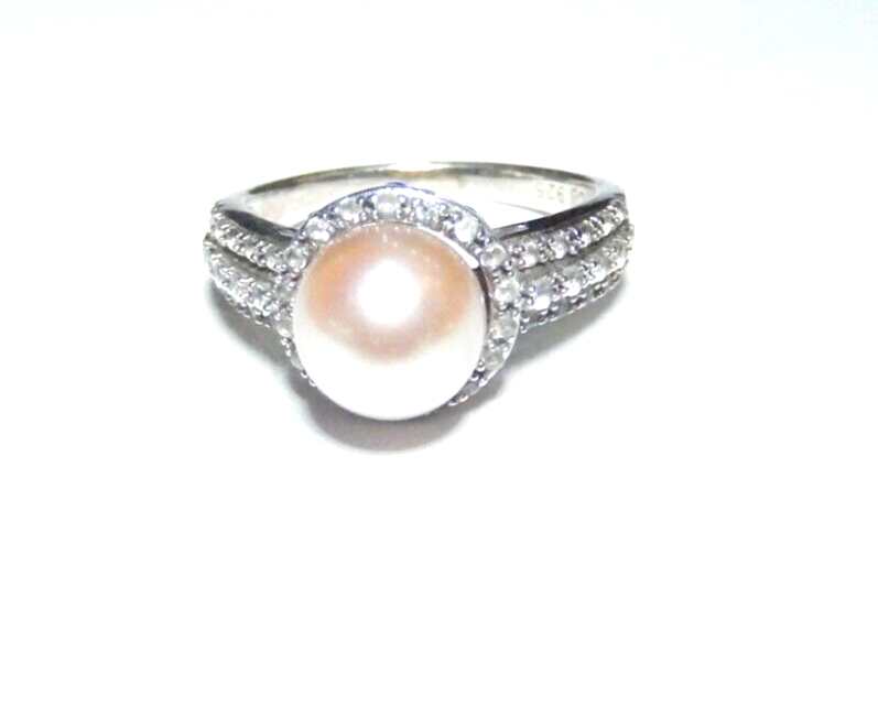 *VINTAGE*  Sterling Silver 8mm Round Pearl Ring With Crystal Accents Size 5.25