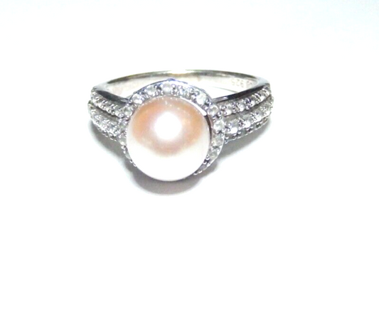 *VINTAGE*  Sterling Silver 8mm Round Pearl Ring With Crystal Accents Size 5.25