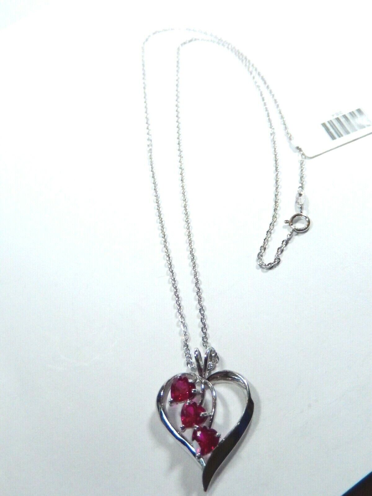 *NWT*  10K White Gold 1.00 CT Three  Ruby Heart Pendant  With 18" Chain