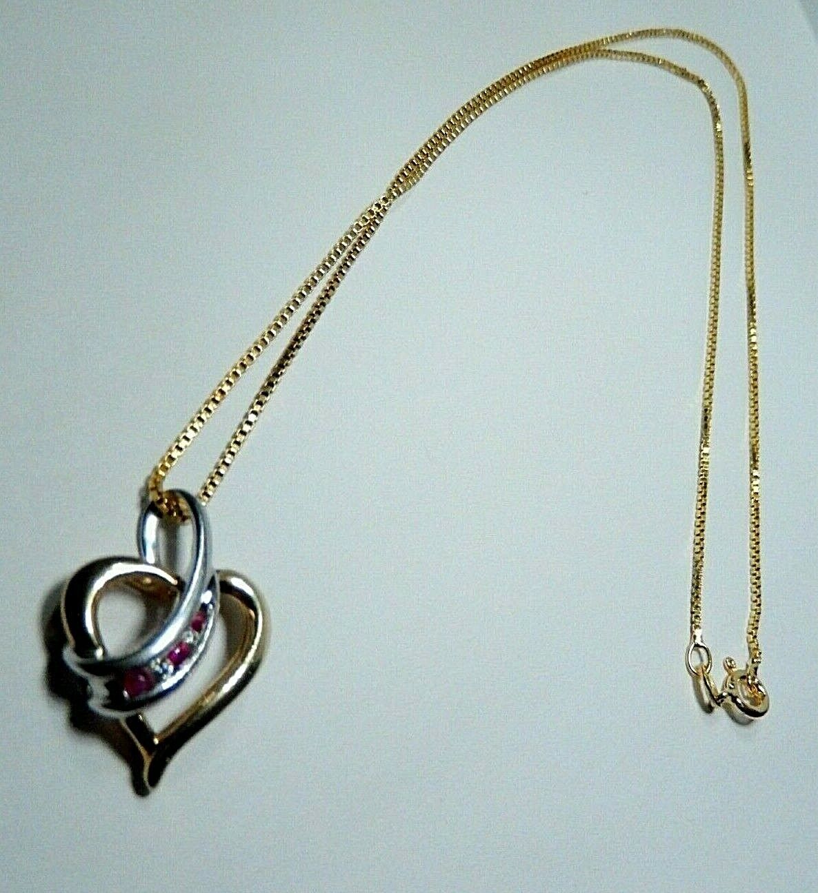 10k Yellow And White Gold Two Tone Ruby And Diamond Heart Pendant w/18" Chain
