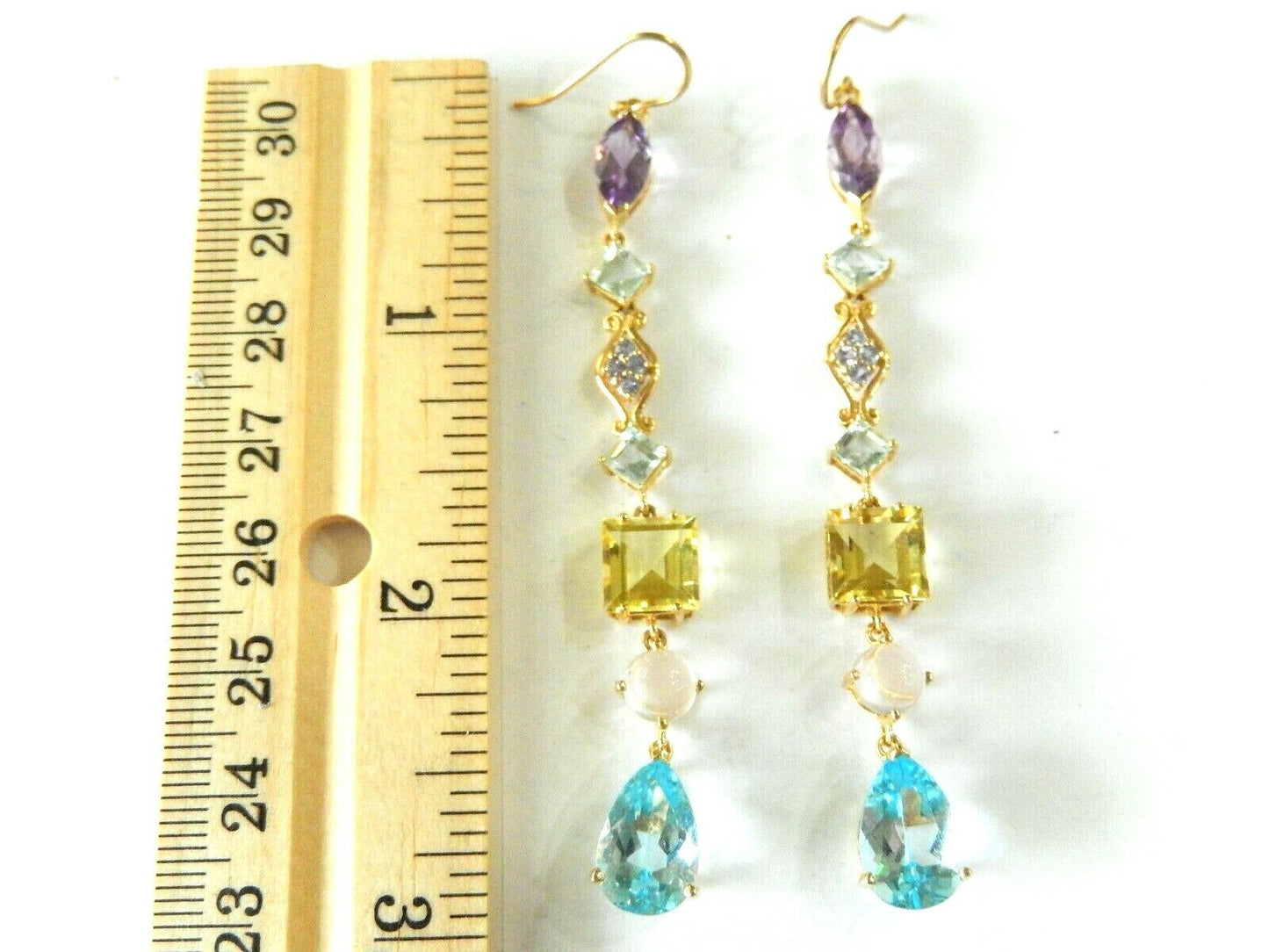 *NEW*  14K YELLOW GOLD MULTI GEMSTONE 3" HANGING DANGLE DROP LONG EARRINGS