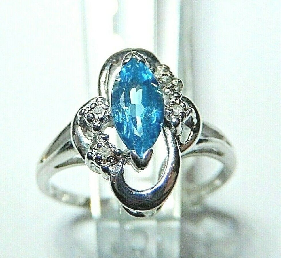 *NWT* 14K White Gold London Blue Topaz & Diamond Freeform Ring  Size 6.75