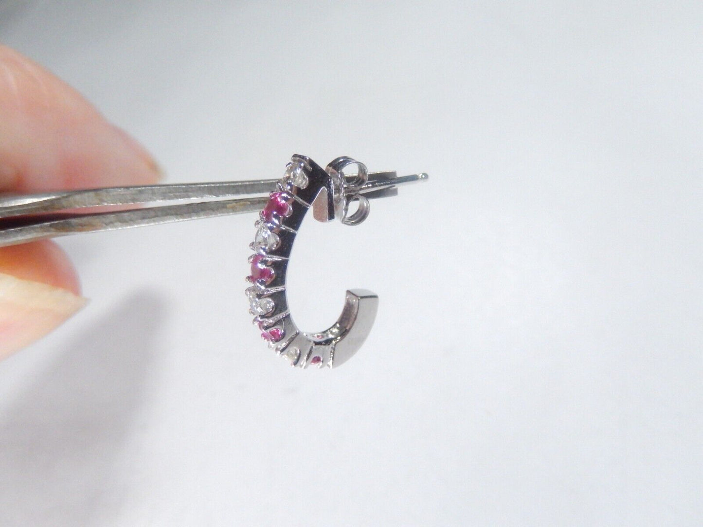 14K White Gold .50CT Natural Ruby & Diamond J Hoop Earrings