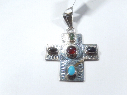 *VINTAGE*  LARGE Taxco Mexico Sterling Silver Multi Gem Cross Pendant Signed