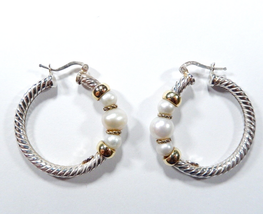 18K Yellow Gold & Sterling 38mm AAA Genuine Cultured Pearl Click Hoop Earrings
